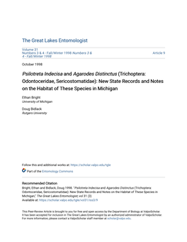 Psilotreta Indecisa and Agarodes Distinctus (Trichoptera: Odontoceridae, Sericostomatidae): New State Records and Notes on the Habitat of These Species in Michigan