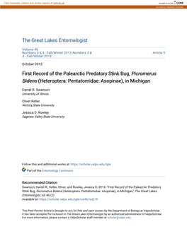 First Record of the Palearctic Predatory Stink Bug, Picromerus Bidens (Heteroptera: Pentatomidae: Asopinae), in Michigan