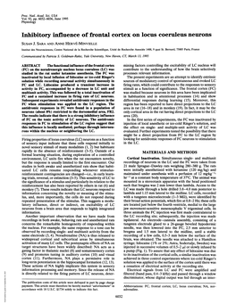 Inhibitory Influence of Frontal Cortex on Locus Coeruleus Neurons SUSAN J