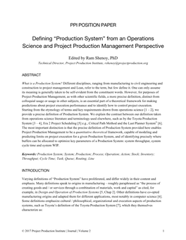 Defining “Production System” from an Operations Science and Project Production Management Perspective