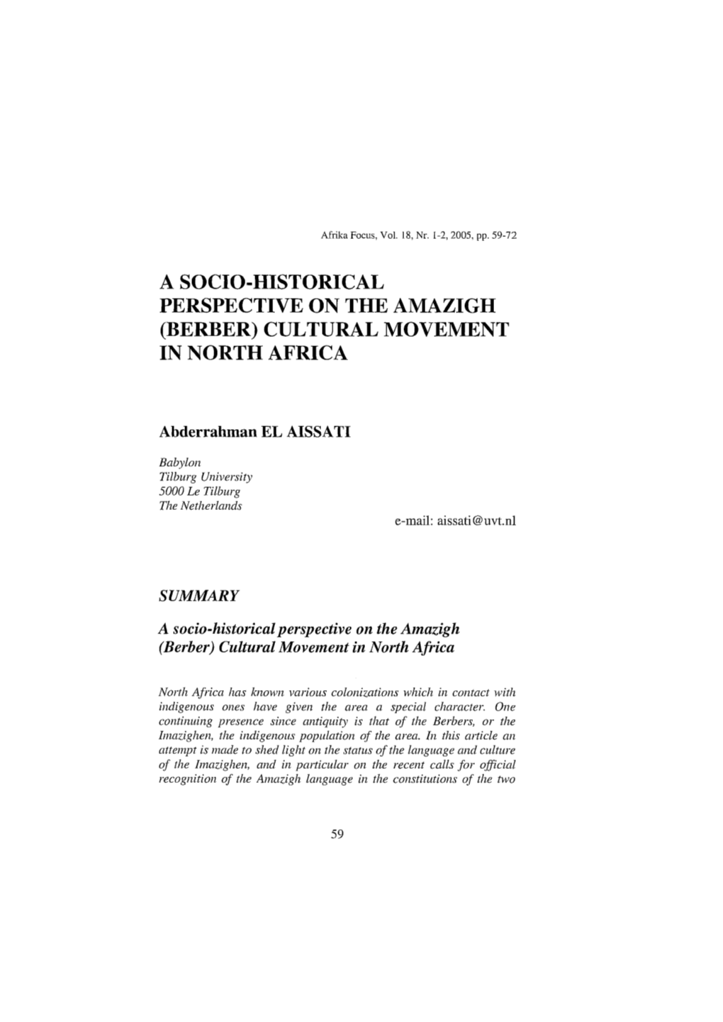 A Socio-Historical Perspective on the Amazigh (Berber) Cultural Movement in North Africa