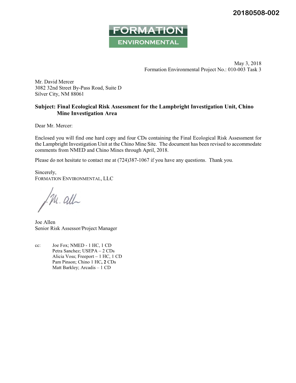 Subject: Final Ecological Risk Assessment for the Lampbright Investigation Unit, Chino Mine Investigation Area