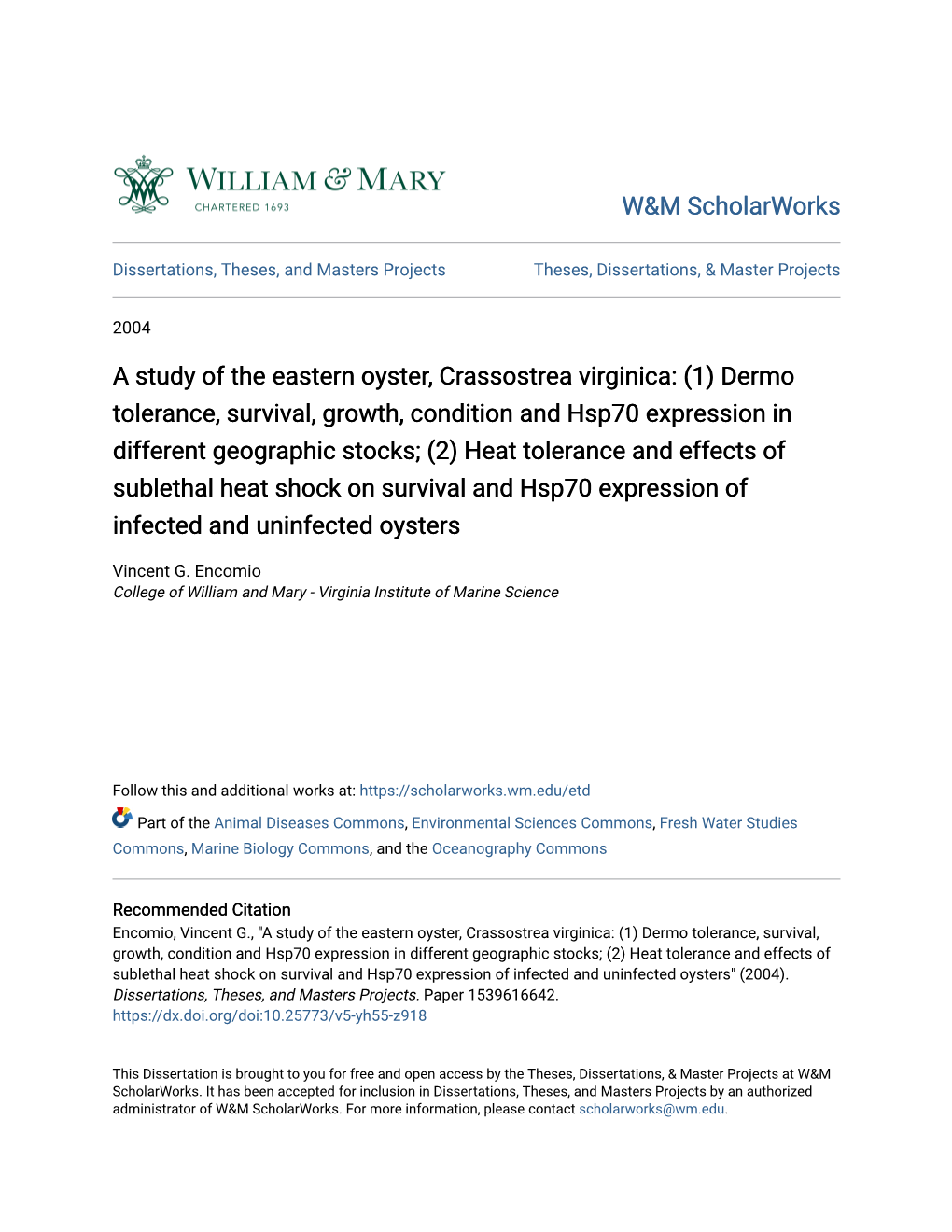 A Study of the Eastern Oyster, Crassostrea Virginica