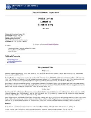 Philip Levine Letters to Stephen Berg