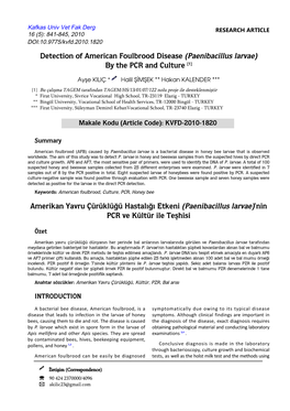 Detection of American Foulbrood Disease (Paenibacillus Larvae) by the PCR and Culture [1]