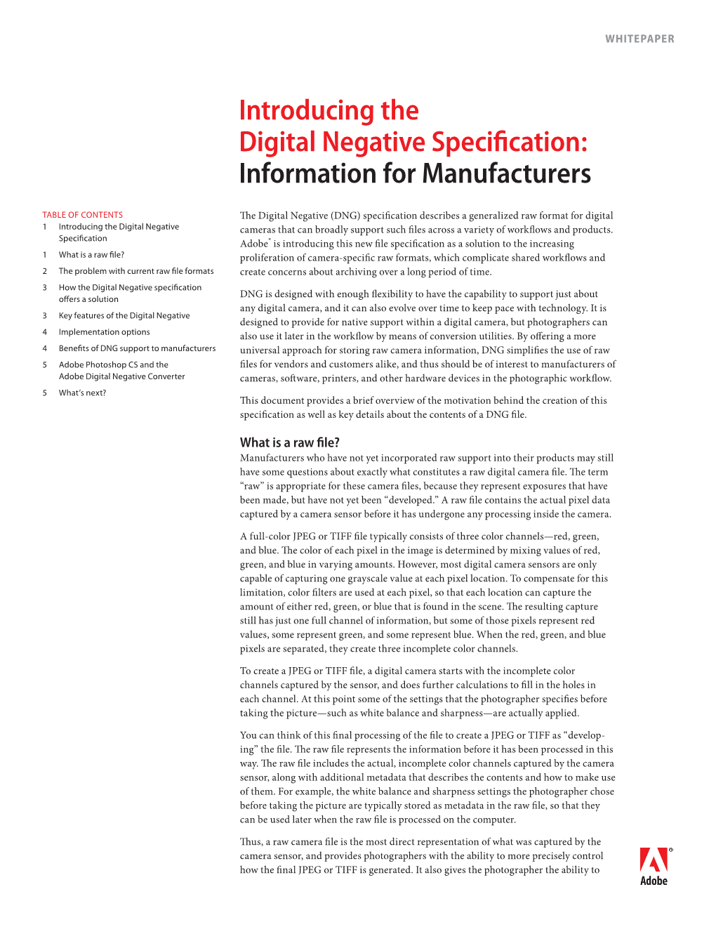 Introducing the Digital Negative Specification: Information For