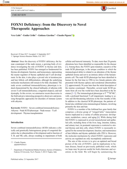 FOXN1 Deficiency: from the Discovery to Novel Therapeutic Approaches