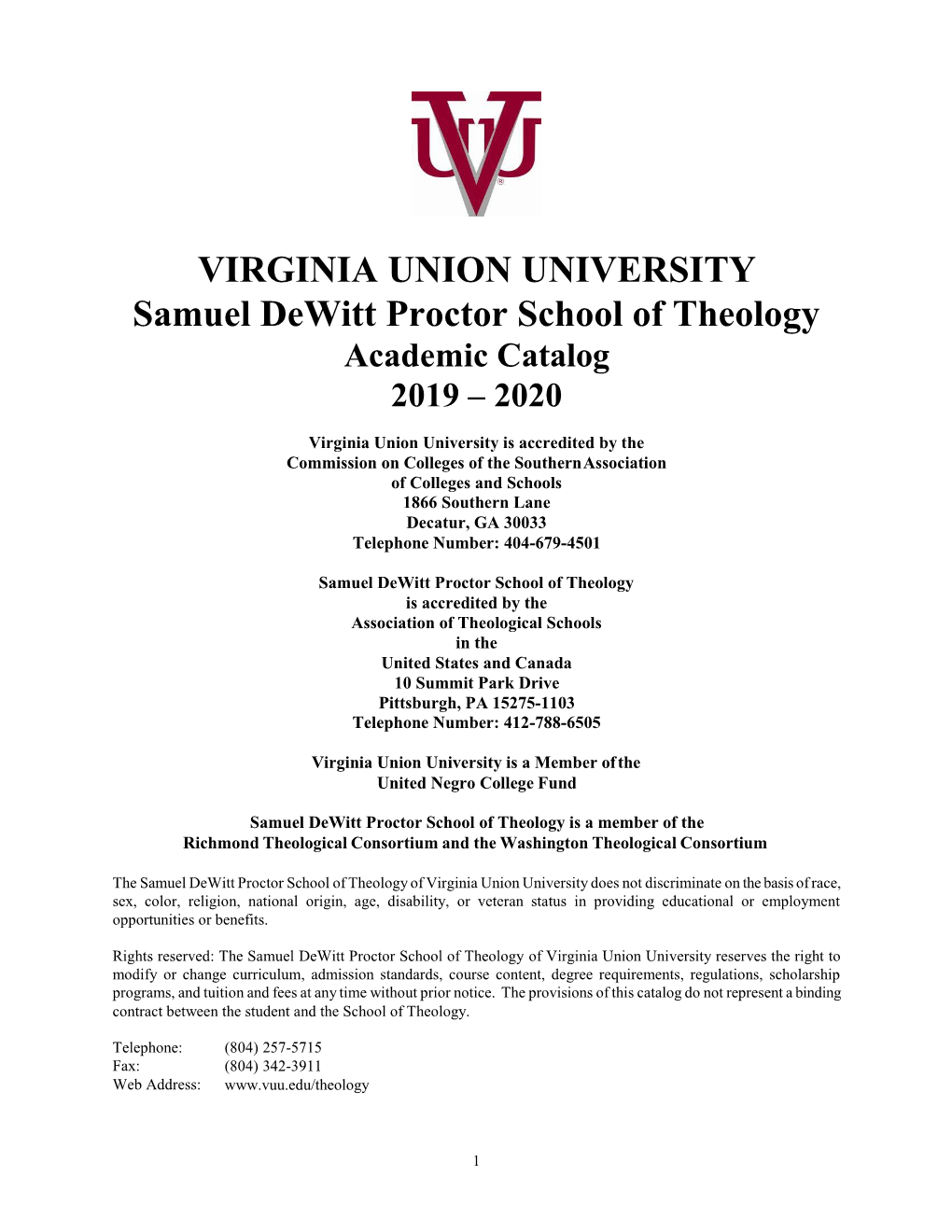 VIRGINIA UNION UNIVERSITY Samuel Dewitt Proctor School of Theology Academic Catalog 2019 – 2020