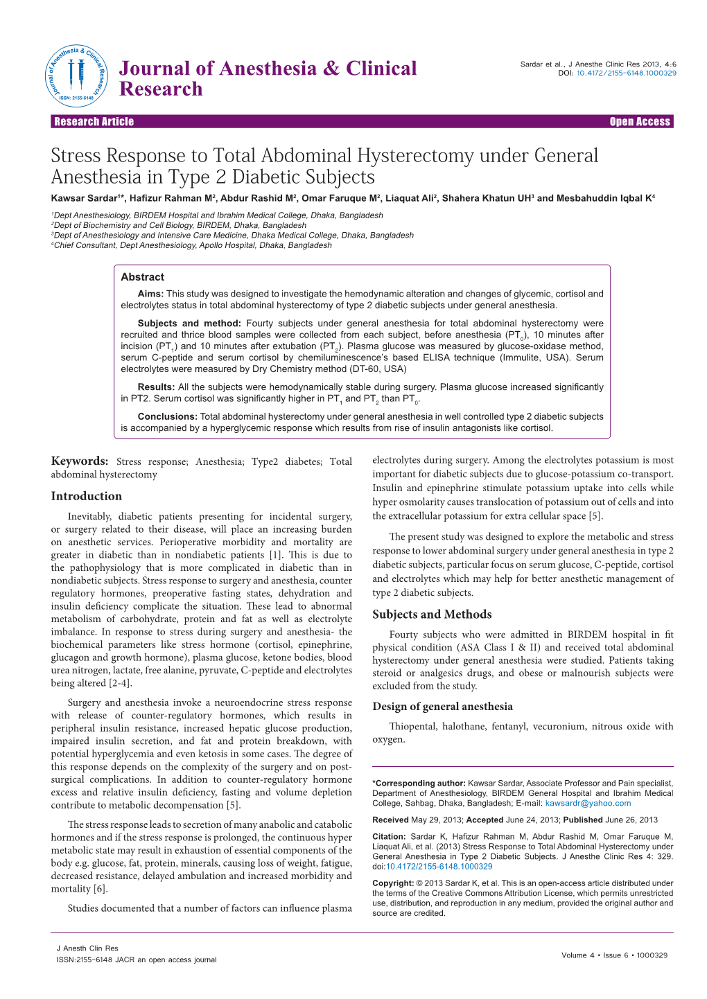 Stress Response to Total Abdominal Hysterectomy Under General