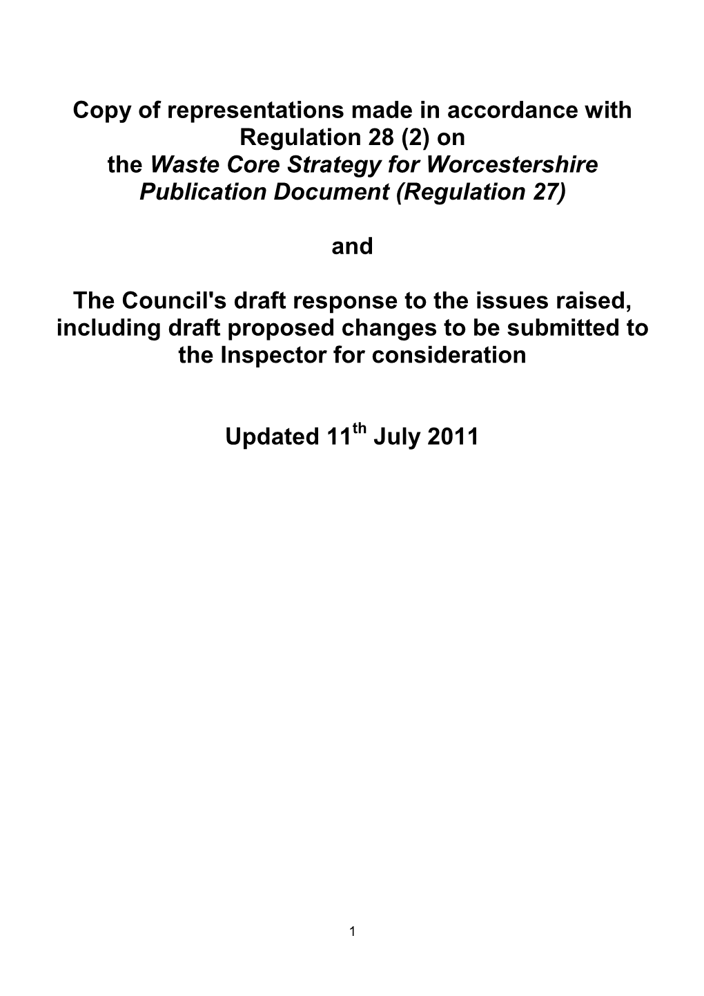 On the Waste Core Strategy for Worcestershire Publication Document (Regulation 27)