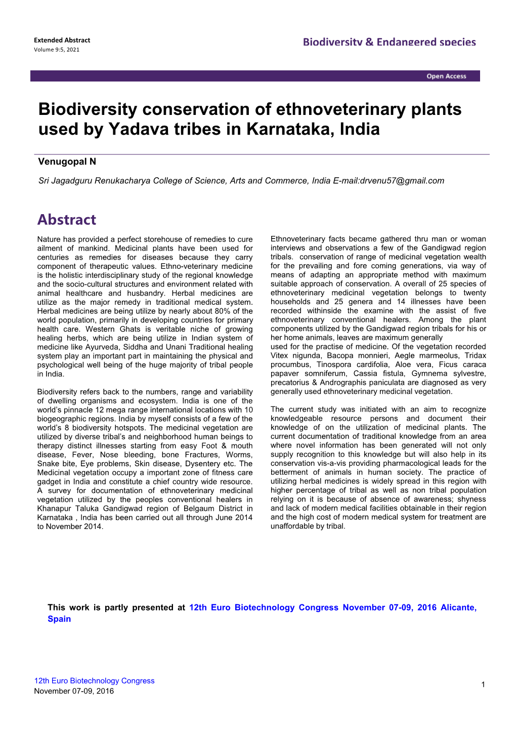 Biodiversity Conservation of Ethnoveterinary Plants Used by Yadava Tribes in Karnataka, India