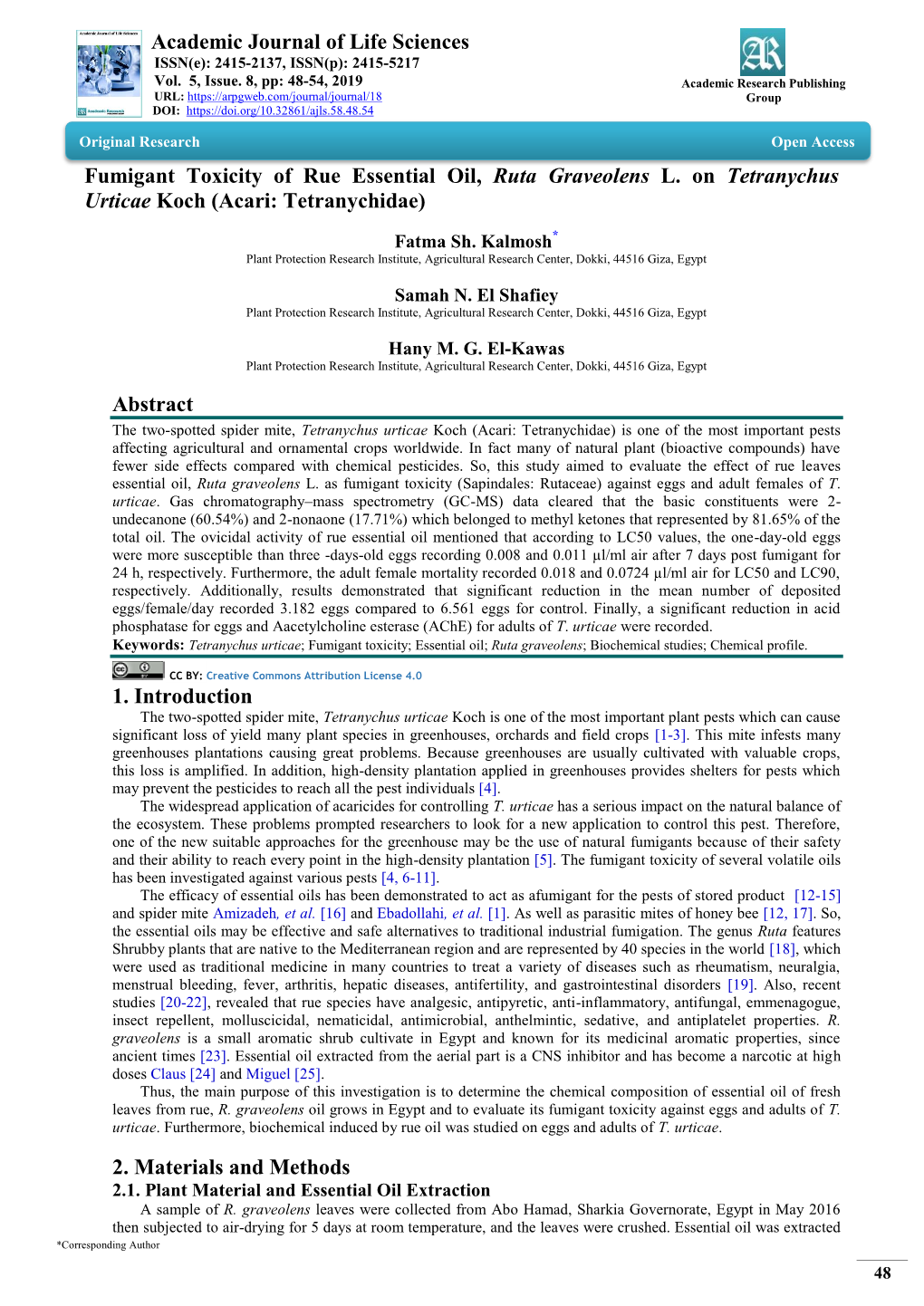 Academic Journal of Life Sciences Fumigant Toxicity of Rue Essential