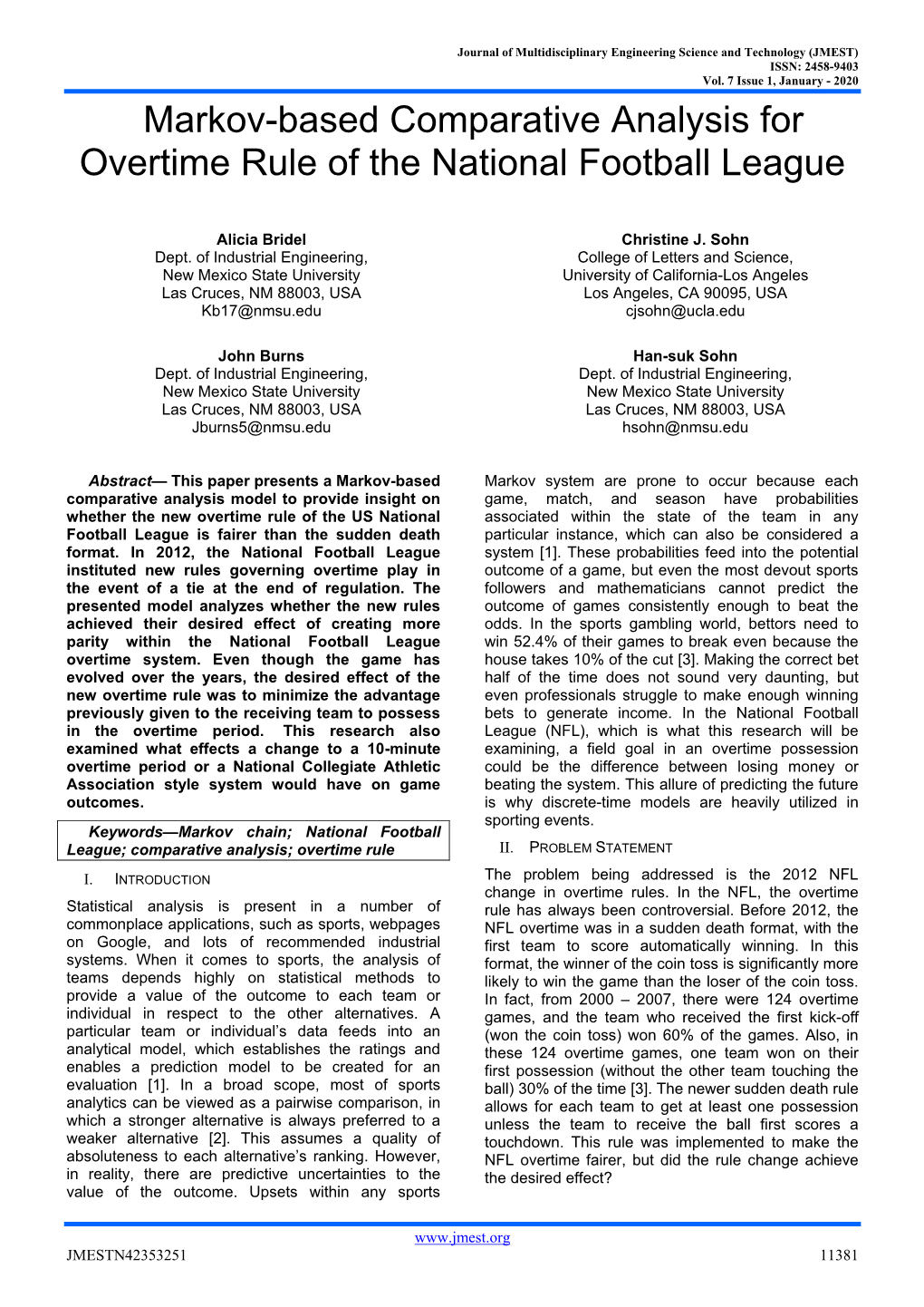 Markov-Based Comparative Analysis for Overtime Rule of the National Football League