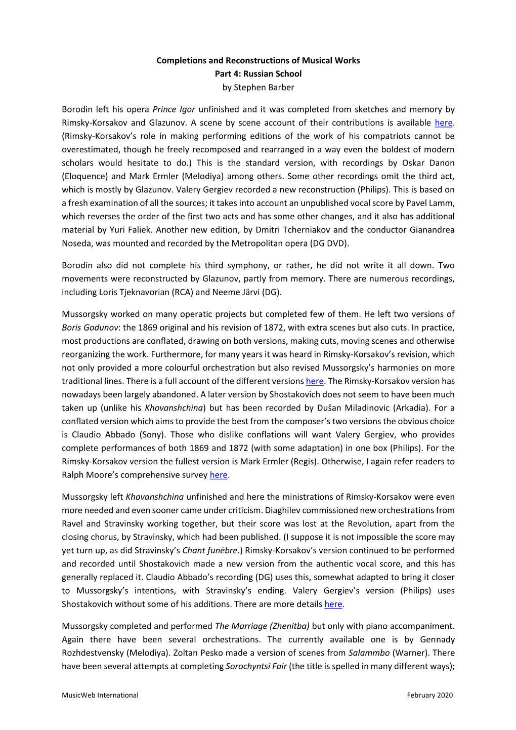 Completions and Reconstructions of Musical Works Part 4: Russian School by Stephen Barber Borodin Left His Opera Prince Igor