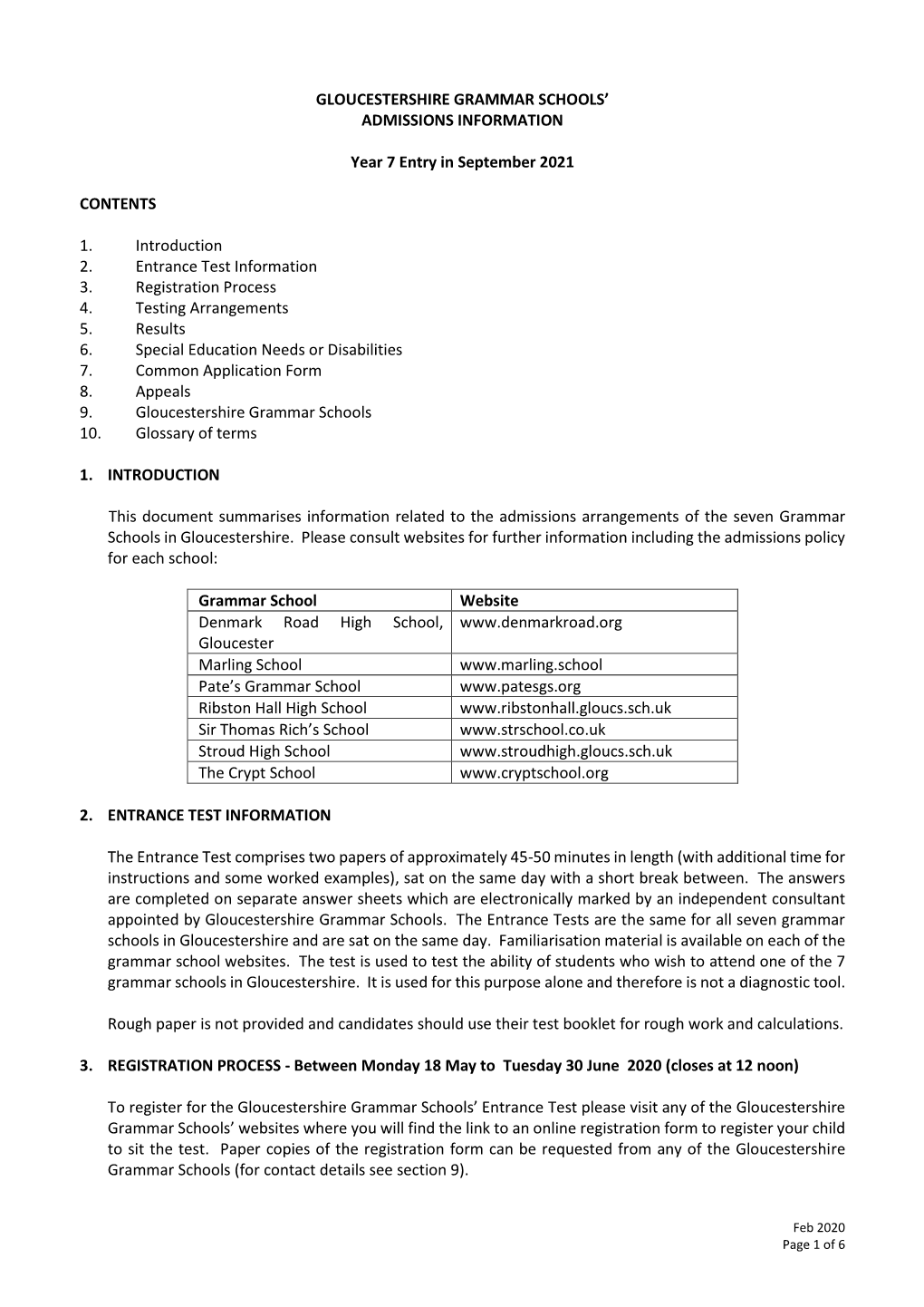 Gloucestershire Grammar Schools’ Admissions Information