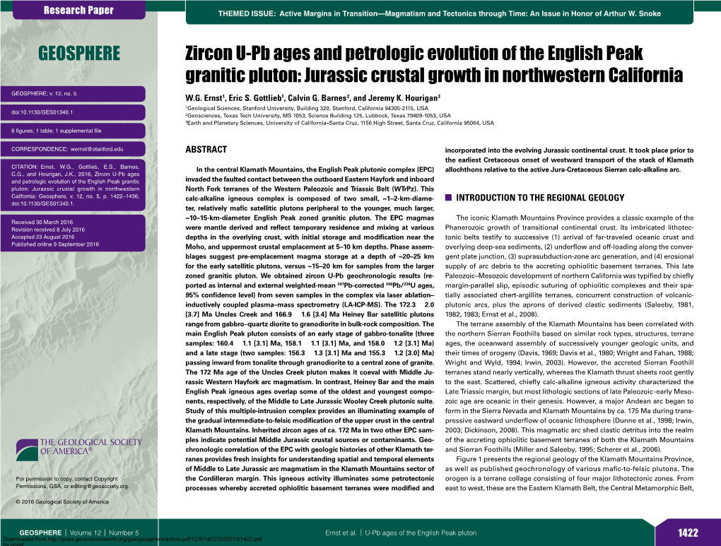 Zircon U-Pb Ages and Petrologic Evolution of the English Peak Granitic Pluton: Jurassic Crustal Growth in Northwestern California GEOSPHERE; V