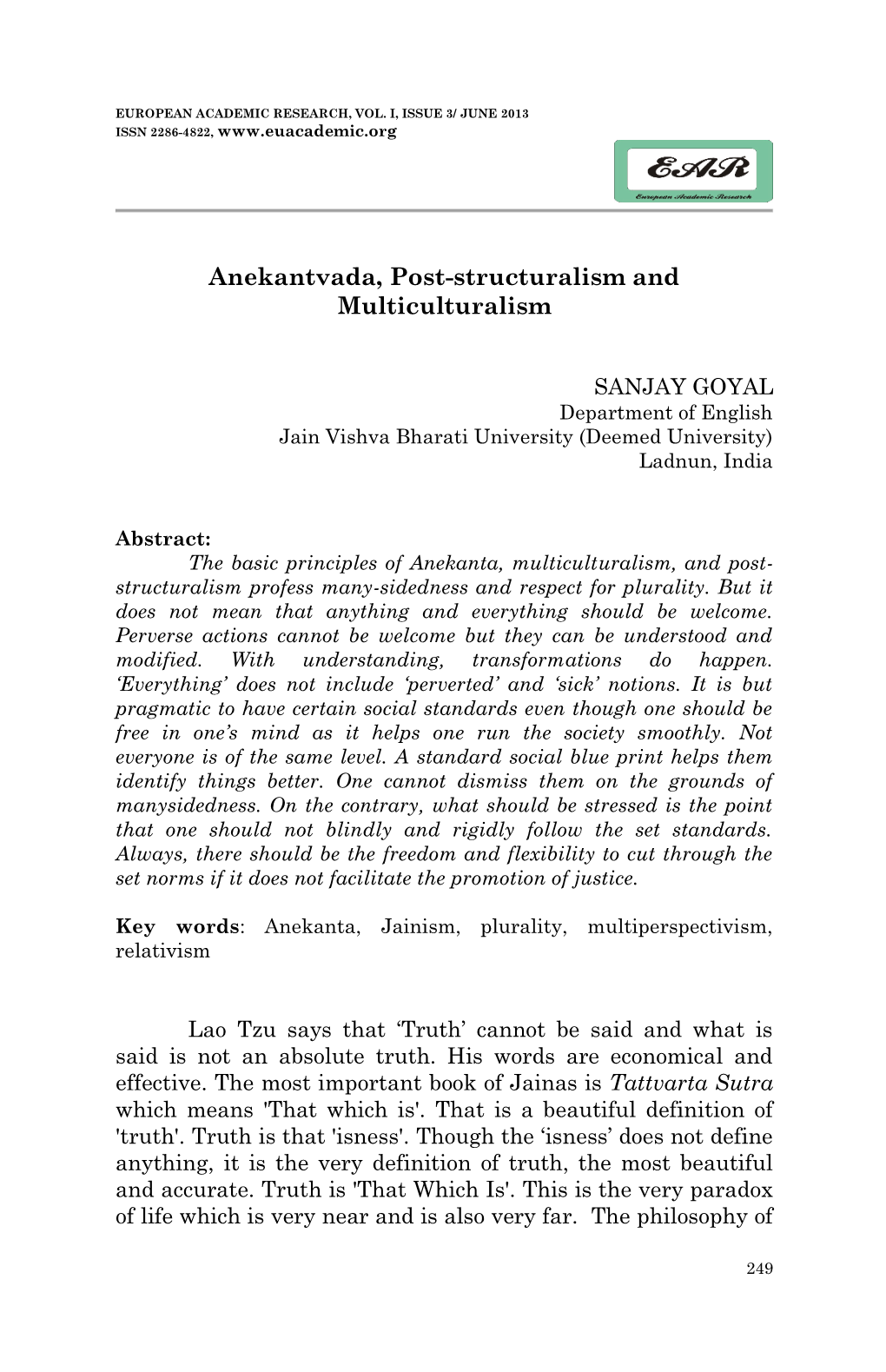 Anekantvada, Post-Structuralism and Multiculturalism