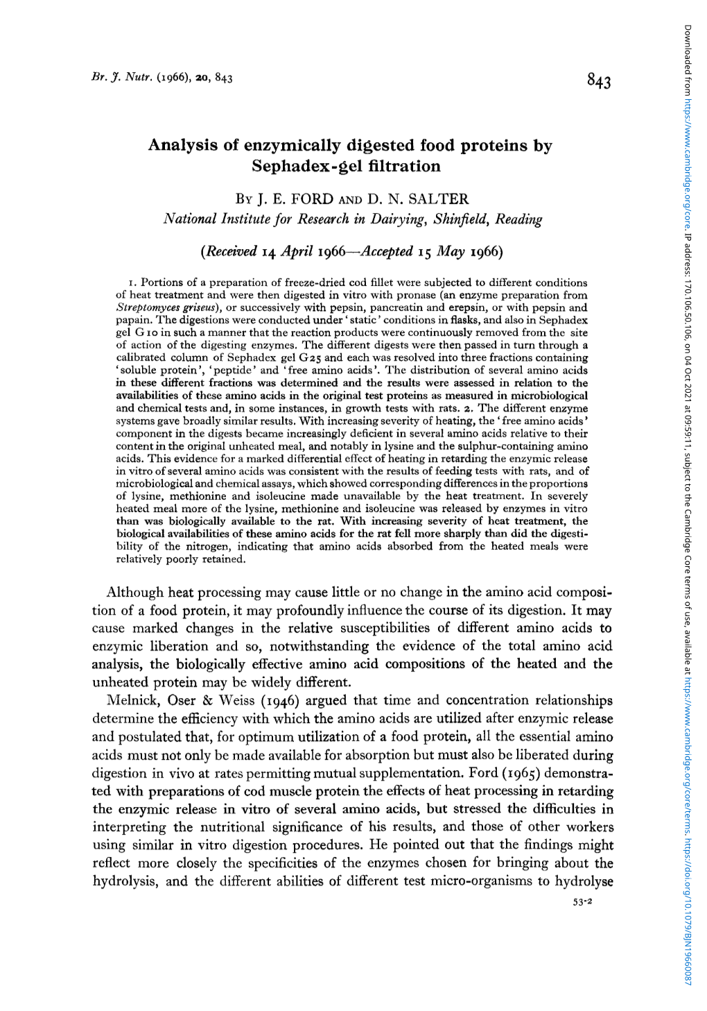 Analysis of Enzymically Digested Food Proteins by Sephadex-Gel Filtration