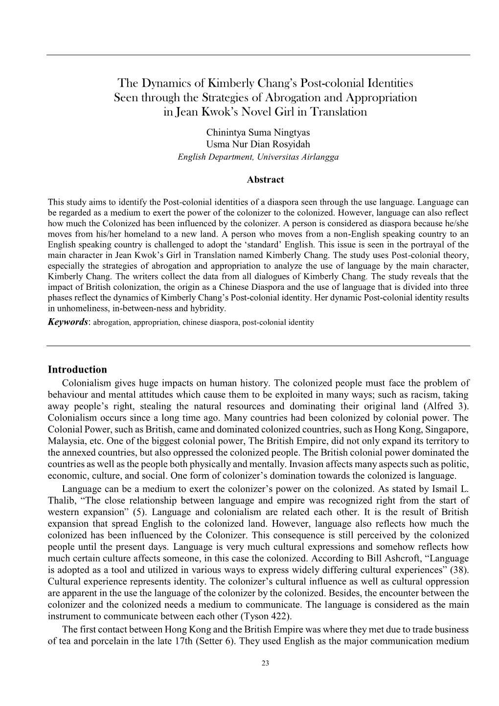 The Dynamics of Kimberly Chang's Post-Colonial Identities Seen Through the Strategies of Abrogation and Appropriation In