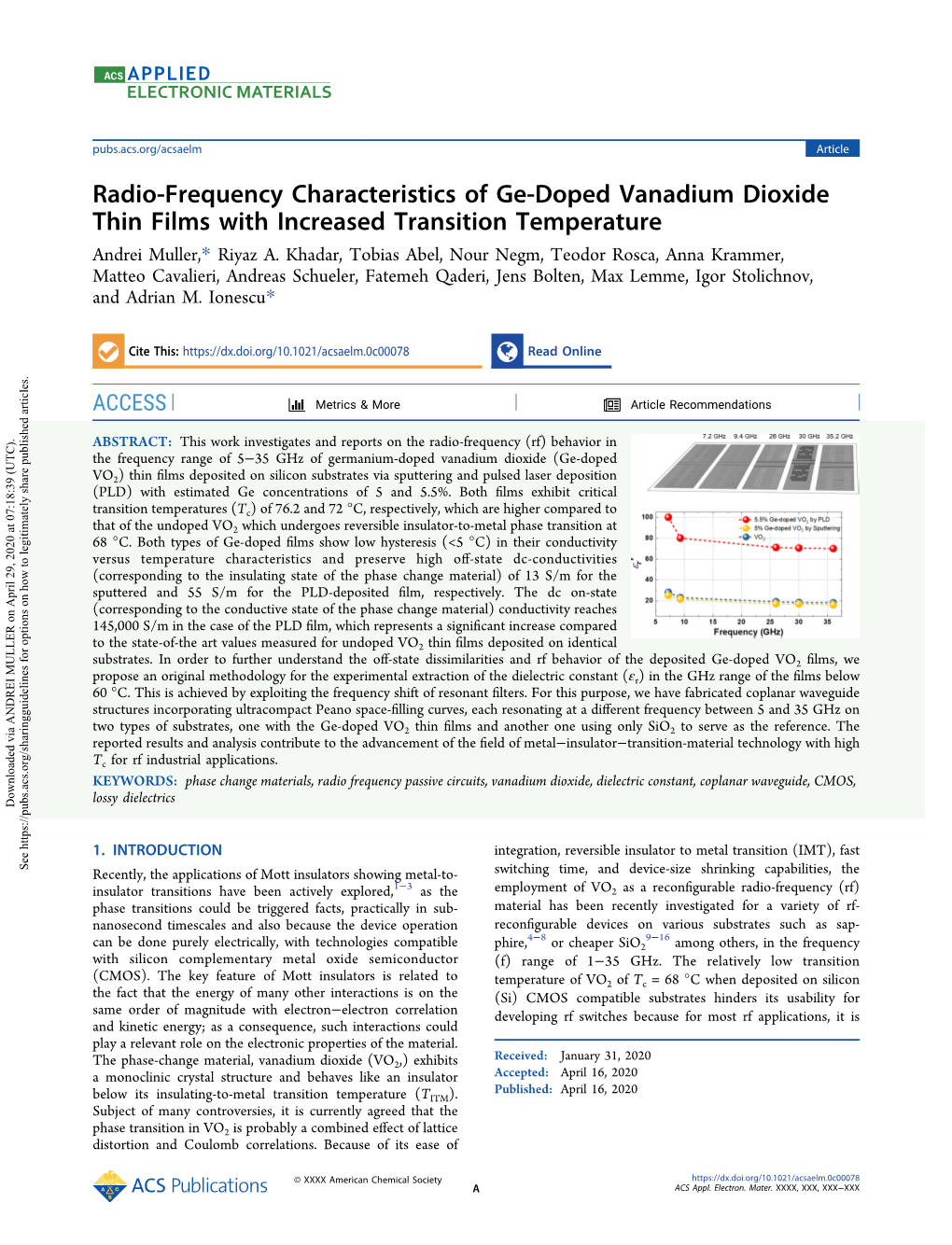 Radio-Frequency Characteristics of Ge-Doped Vanadium Dioxide Thin Films with Increased Transition Temperature Andrei Muller,* Riyaz A