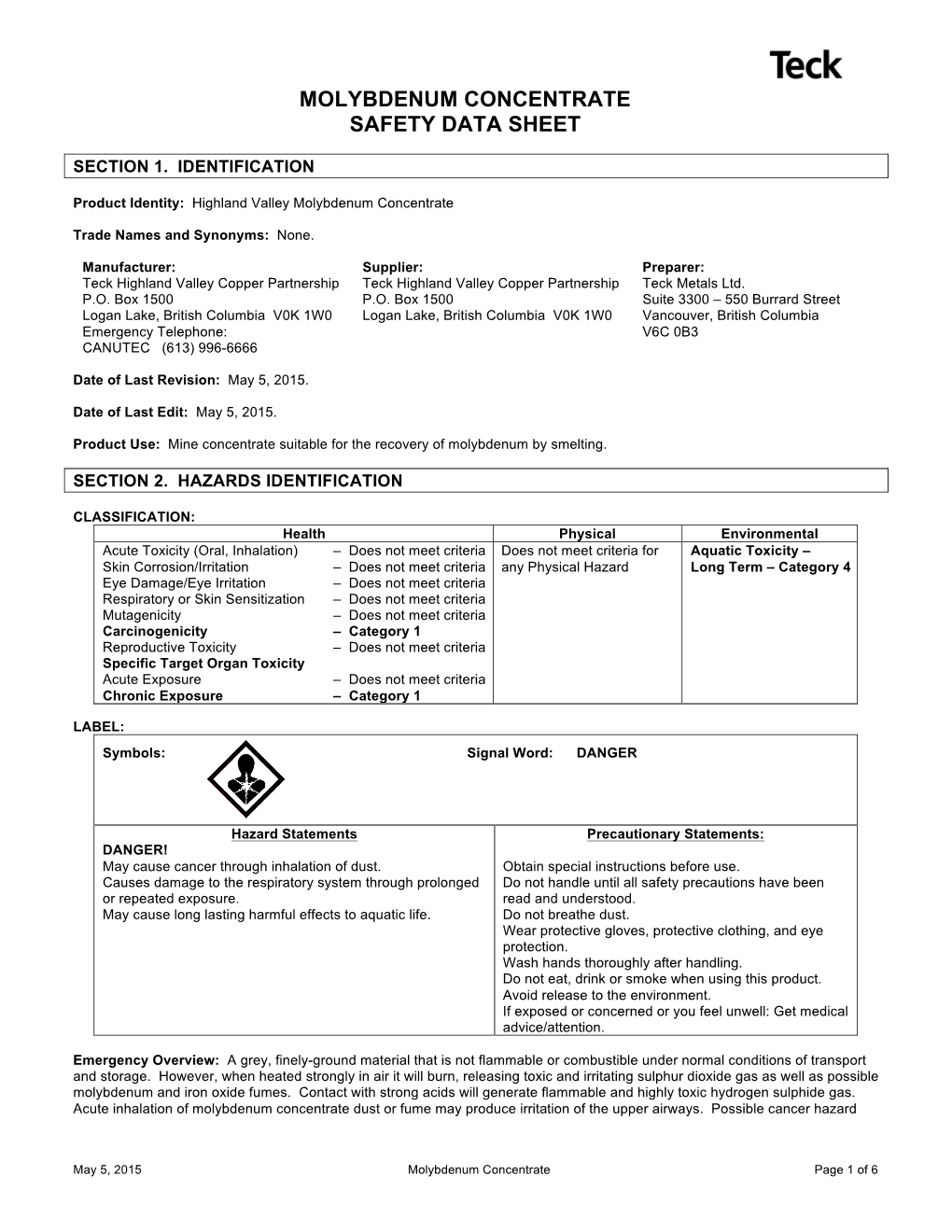 Molybdenum Concentrate Safety Data Sheet