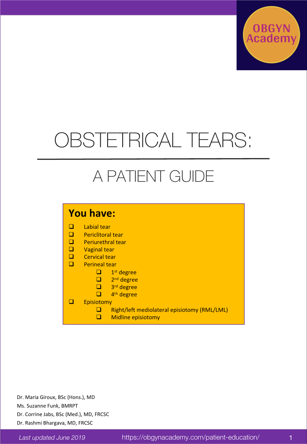 Obstetrical Tears: a Patient Guide