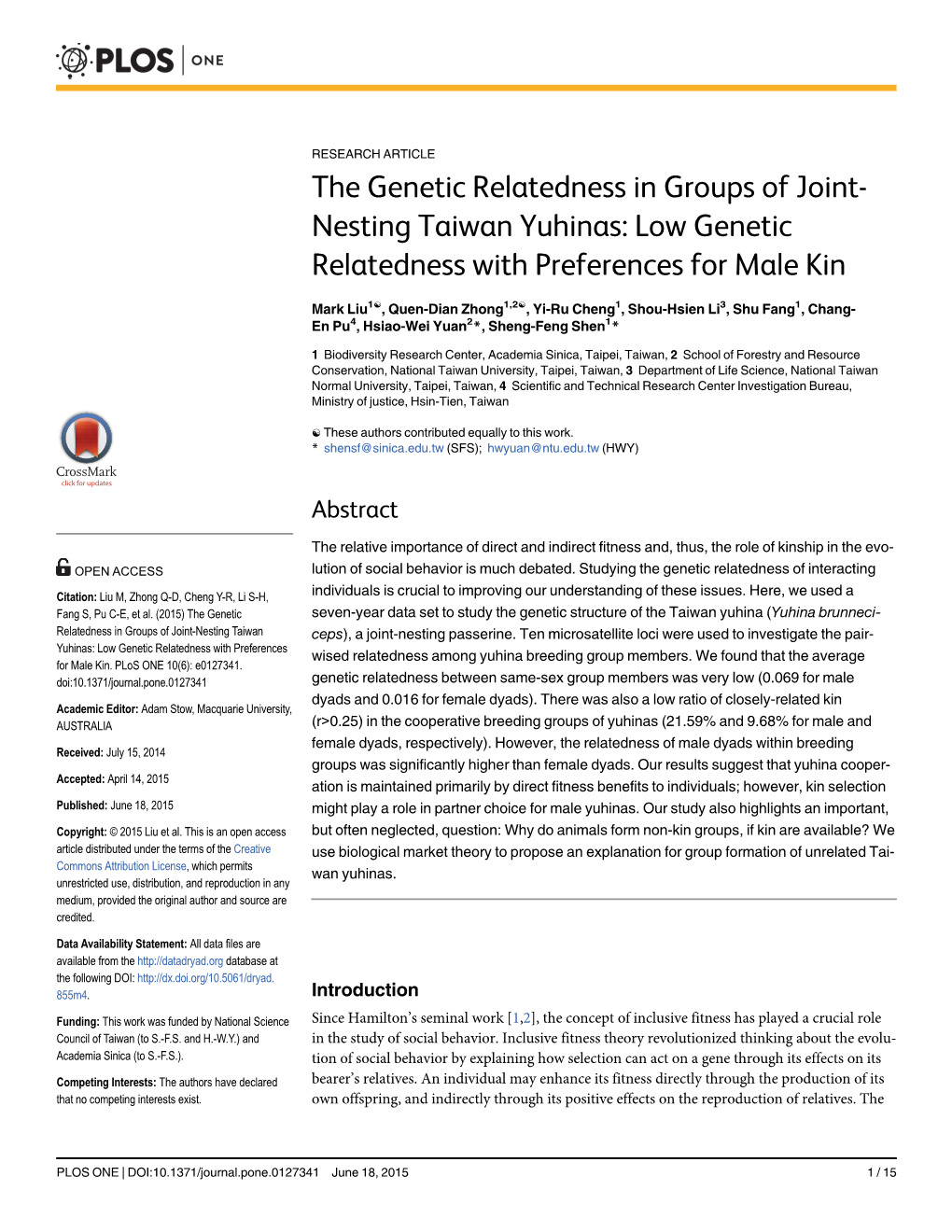 The Genetic Relatedness in Groups of Joint- Nesting Taiwan Yuhinas: Low Genetic Relatedness with Preferences for Male Kin