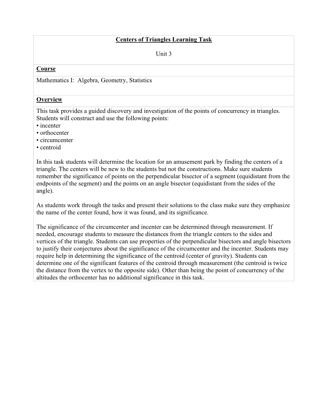 Centers of Triangles Learning Task Unit 3 Course Mathematics I