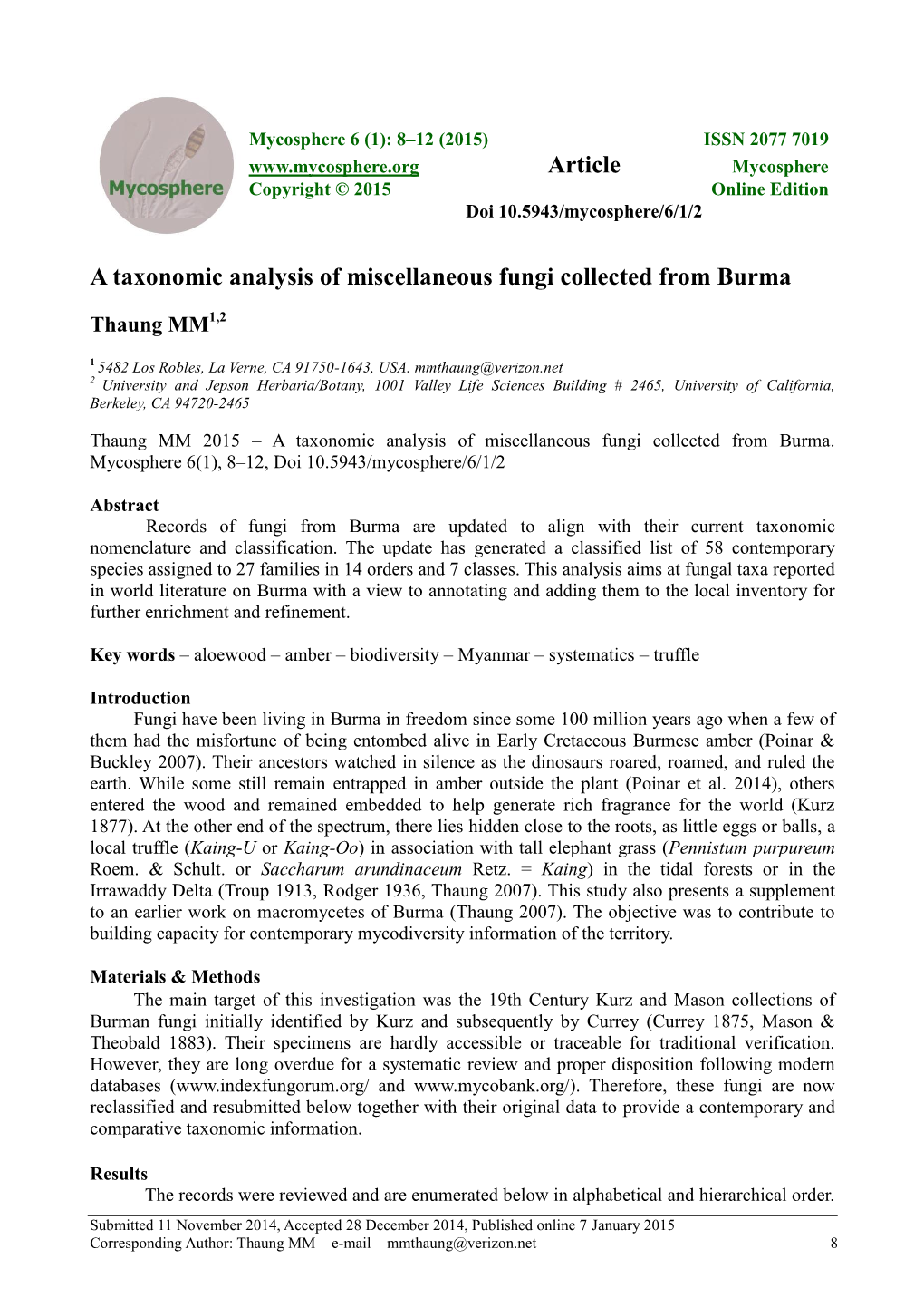 A Taxonomic Analysis of Miscellaneous Fungi Collected from Burma