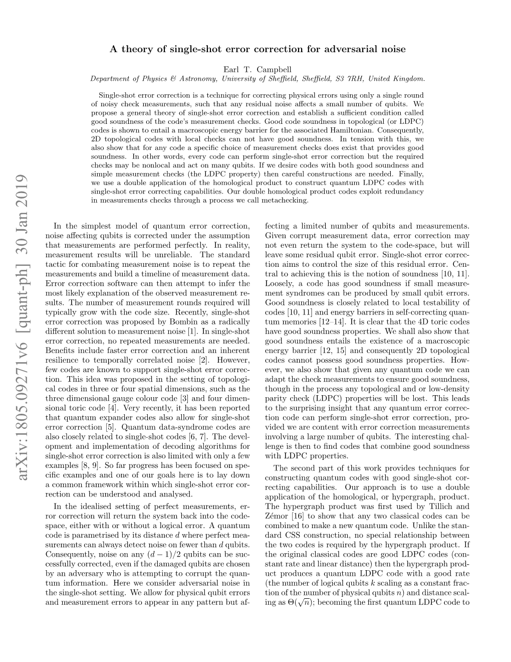 Arxiv:1805.09271V6 [Quant-Ph] 30 Jan 2019