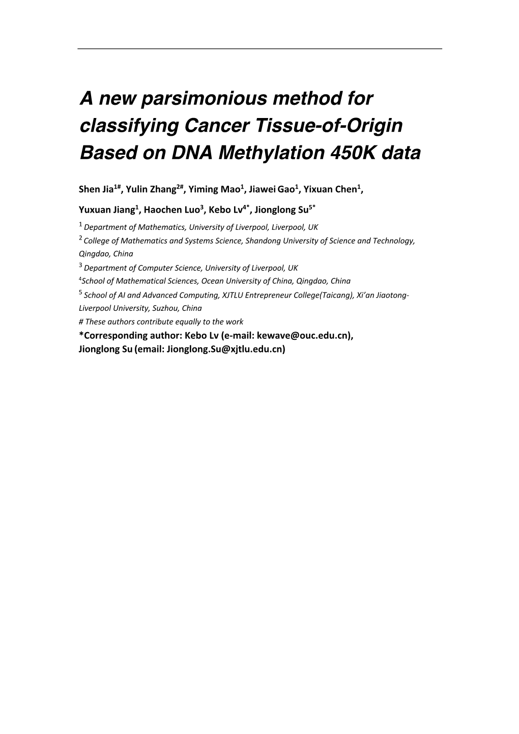 A New Parsimonious Method for Classifying Cancer Tissue-Of-Origin Based on DNA Methylation 450K Data