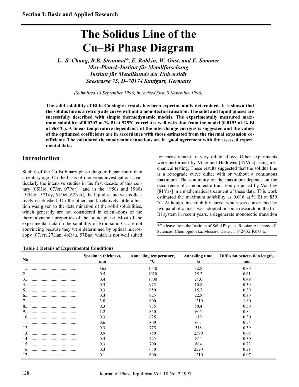 The Solidus Line of the Cu–Bi Phase Diagram L.–S