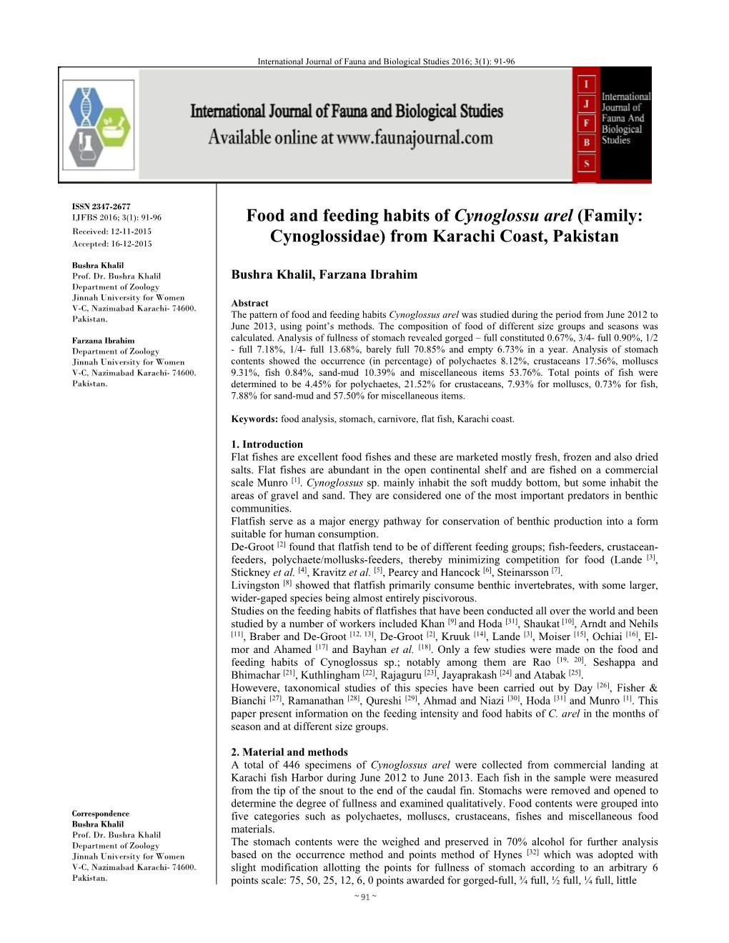 Food and Feeding Habits of Cynoglossu Arel (Family: Received: 12-11-2015 Accepted: 16-12-2015 Cynoglossidae) from Karachi Coast, Pakistan