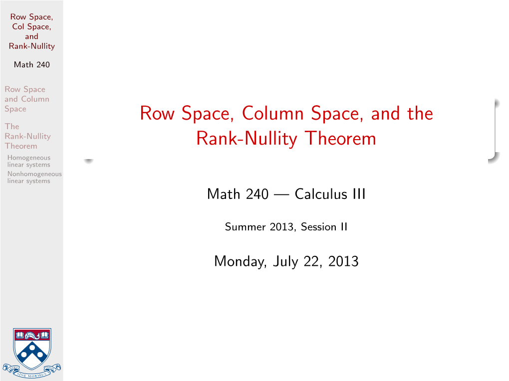 Row Space, Column Space, and the Rank-Nullity Theorem