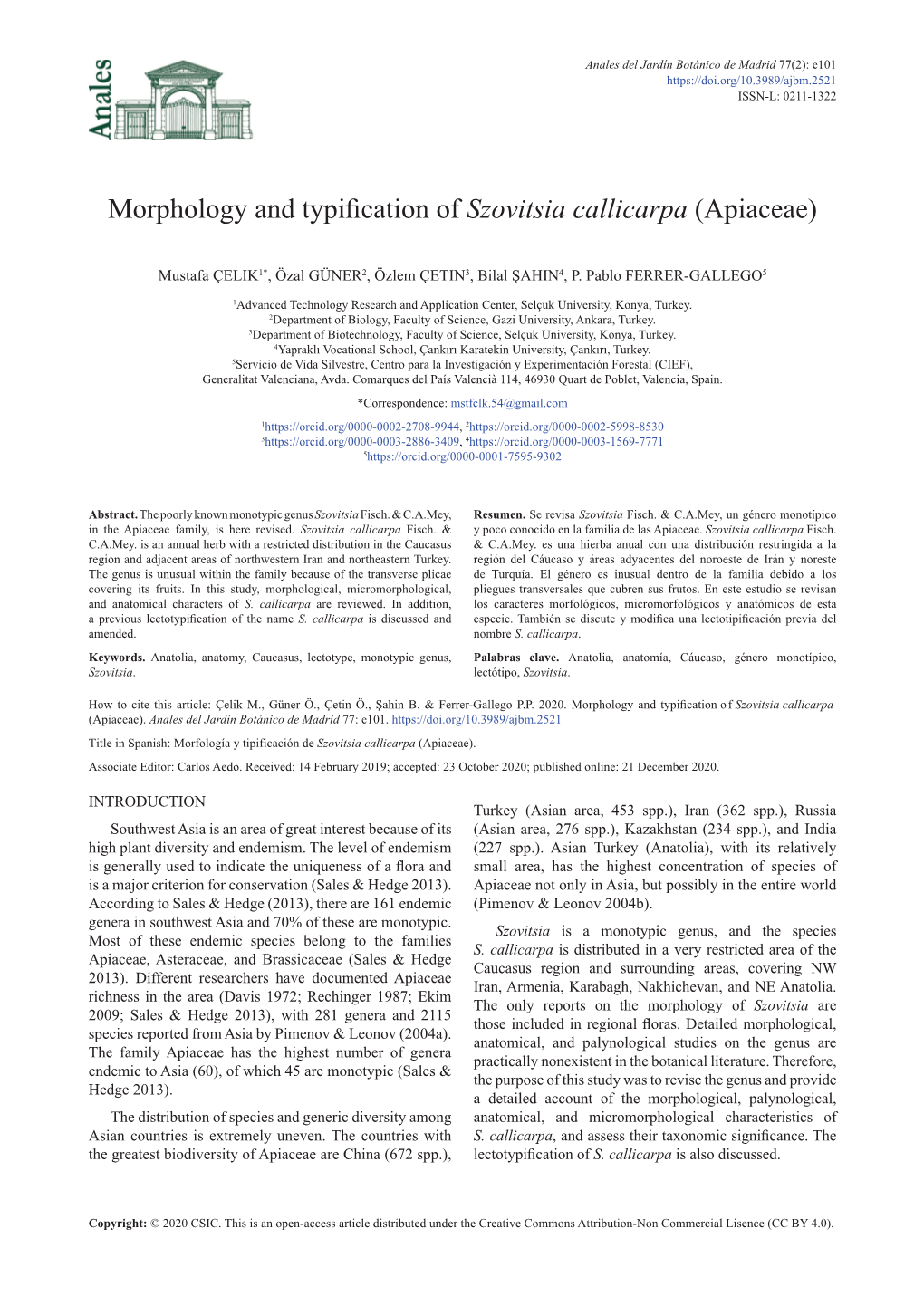 Morphology and Typification of Szovitsia Callicarpa (Apiaceae)