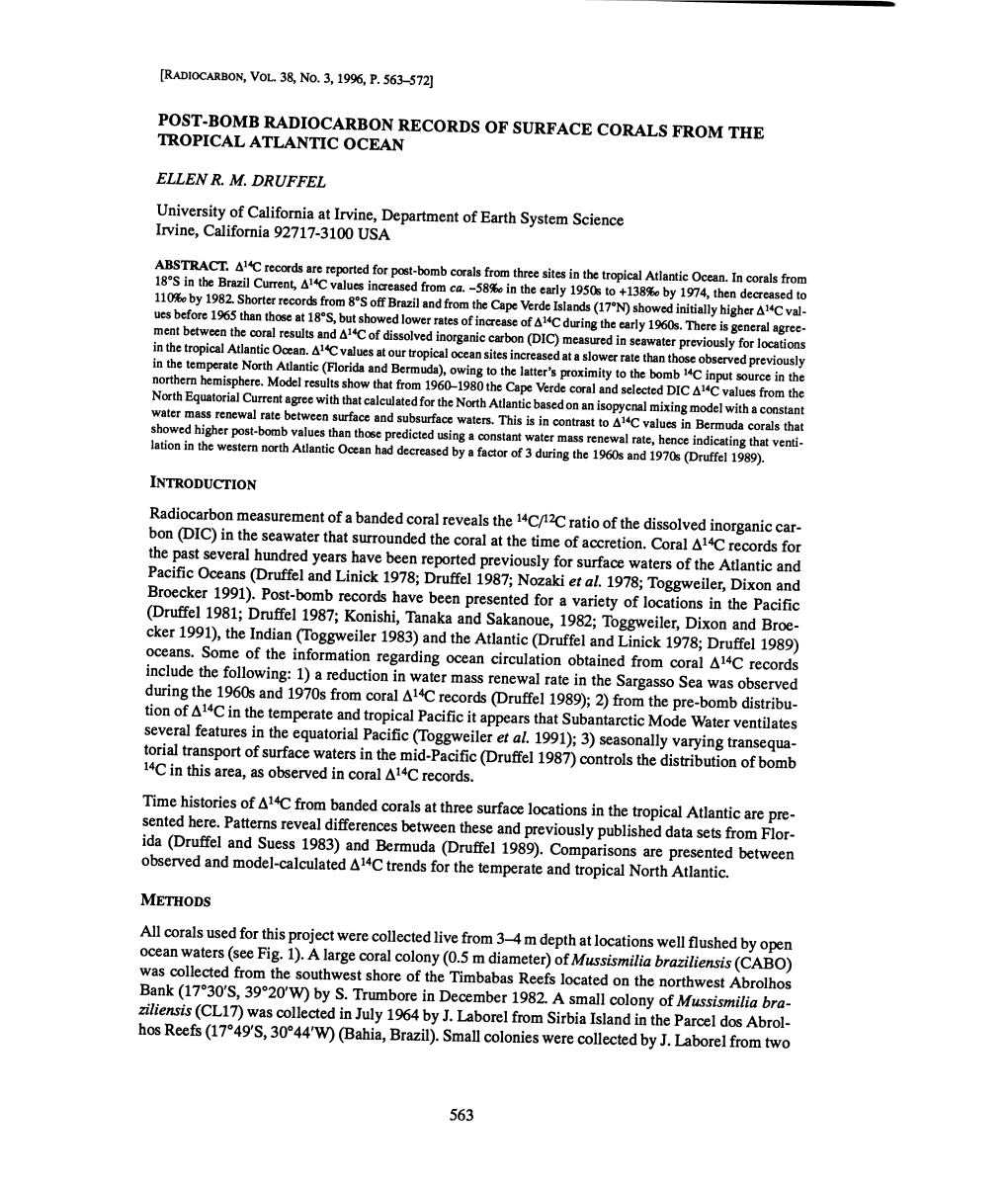 Post-Bomb Radiocarbon Records of Surface Corals from the Tropical Atlantic Ocean