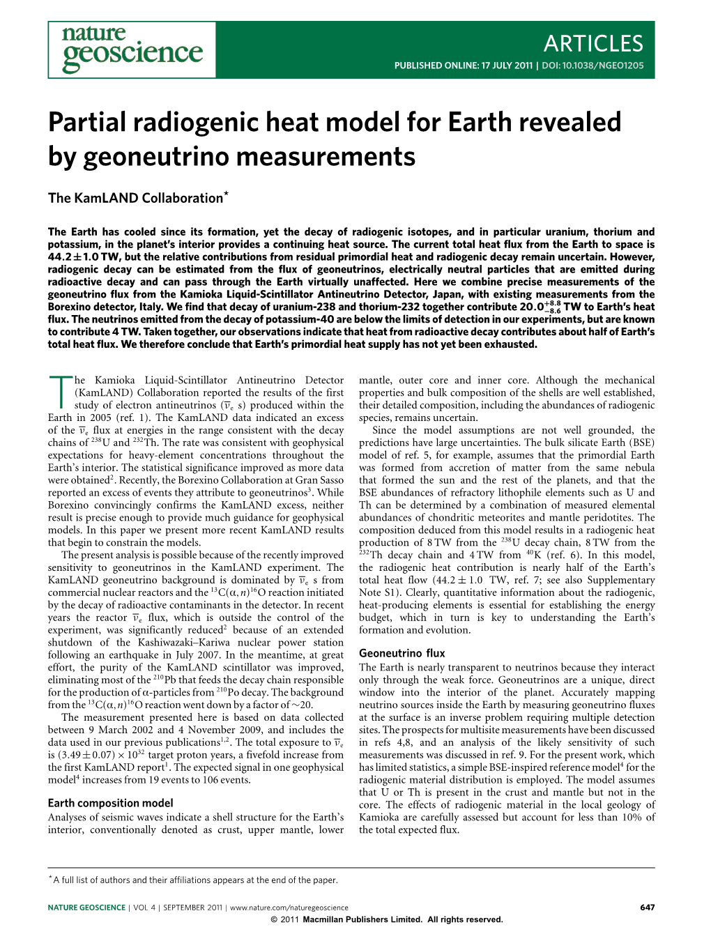 Partial Radiogenic Heat Model for Earth Revealed by Geoneutrino Measurements