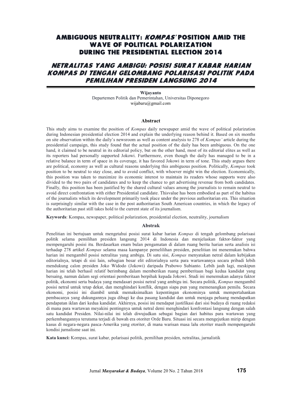 Netralitas Yang Ambigu: Posisi Surat Kabar Harian Kompas Di Tengah Gelombang Polarisasi Politik Pada Pemilihan Presiden Langsung 2014