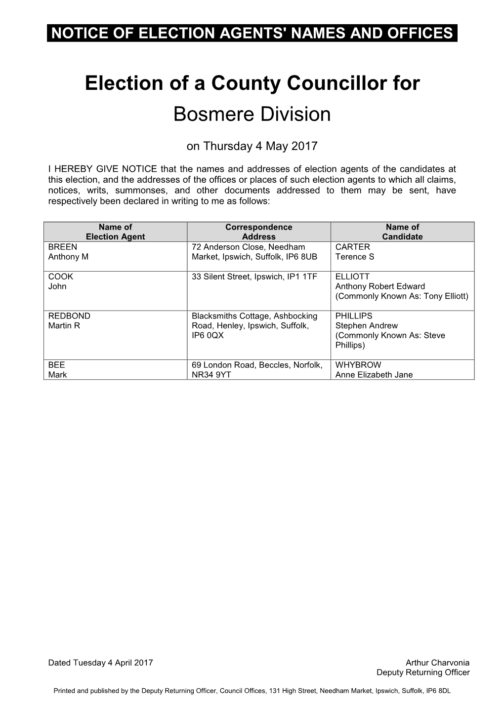 Election of a County Councillor for Bosmere Division