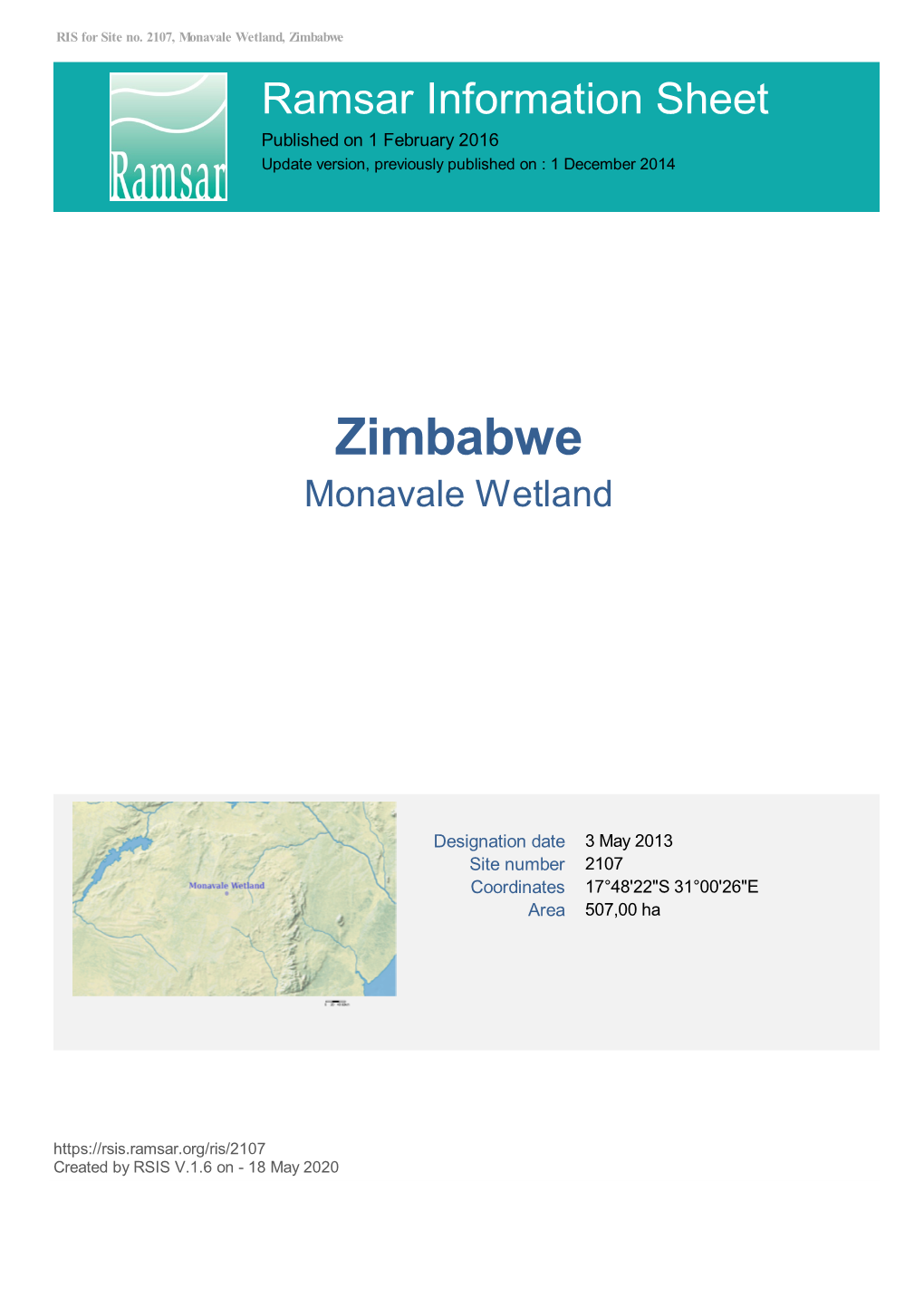 Zimbabwe Ramsar Information Sheet Published on 1 February 2016 Update Version, Previously Published on : 1 December 2014