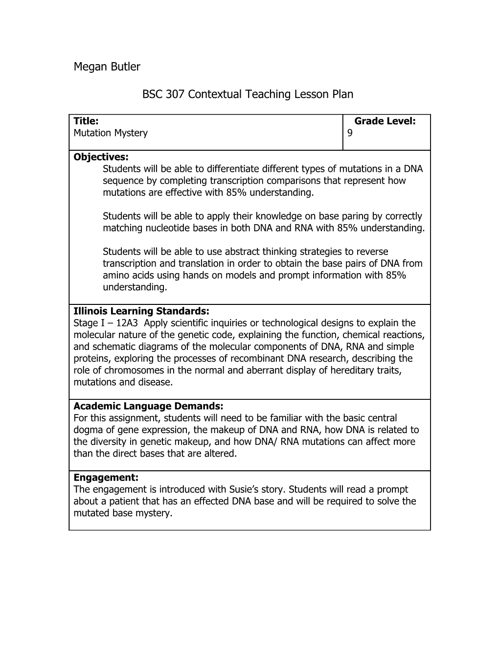 BSC 307 5-E Model Lesson Plan Form