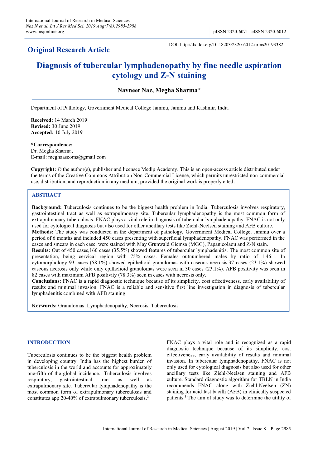 Diagnosis of Tubercular Lymphadenopathy by Fine Needle Aspiration Cytology and Z-N Staining