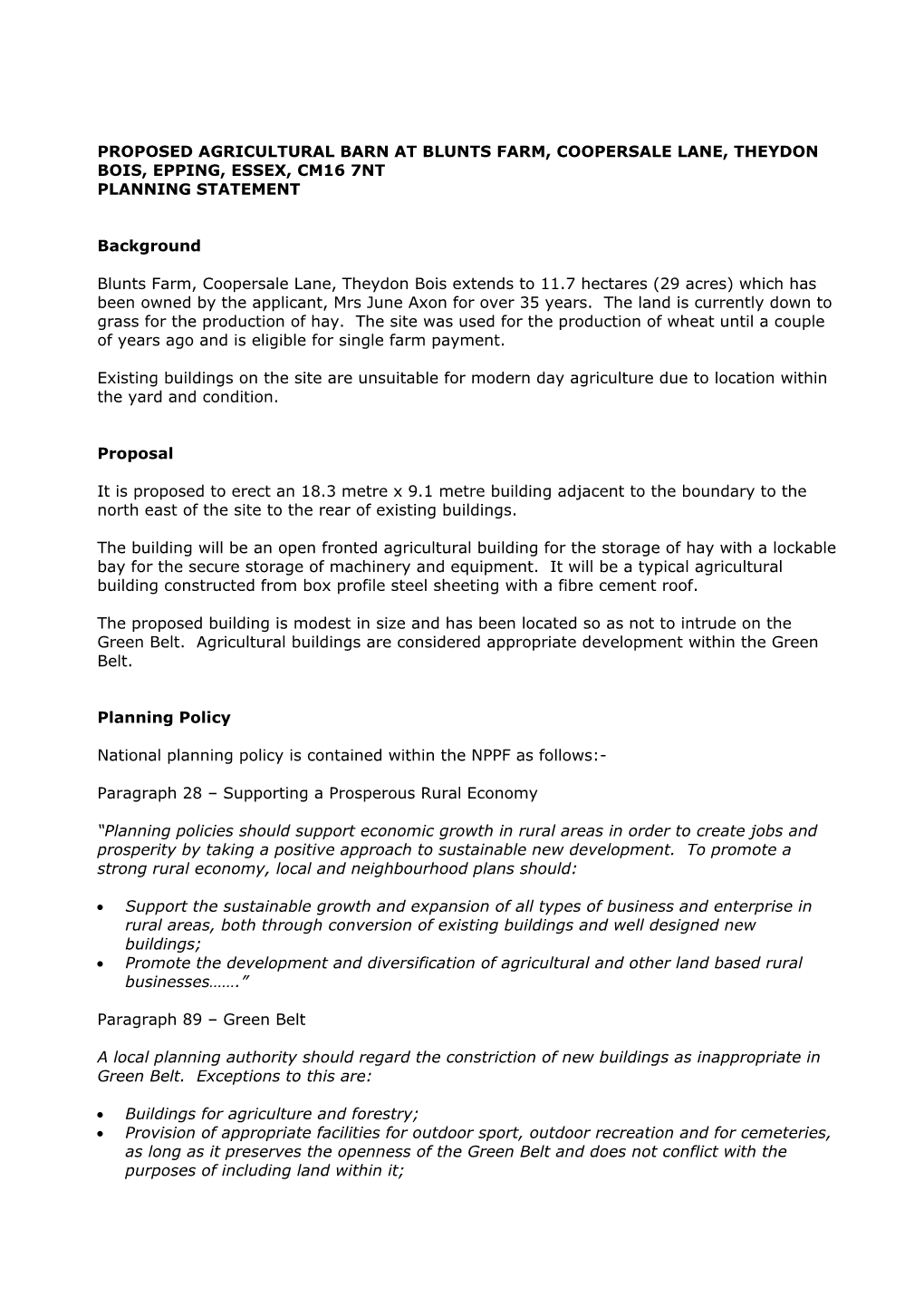 Proposed Agricultural Barn at Blunts Farm, Coopersale Lane, Theydon Bois, Epping, Essex, Cm16 7Nt Planning Statement