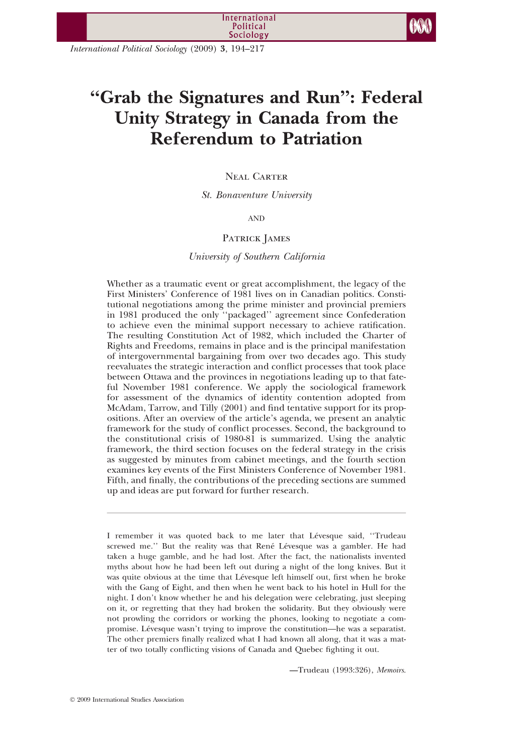 “Grab the Signatures and Run”: Federal Unity Strategy in Canada from the Referendum to Patriation