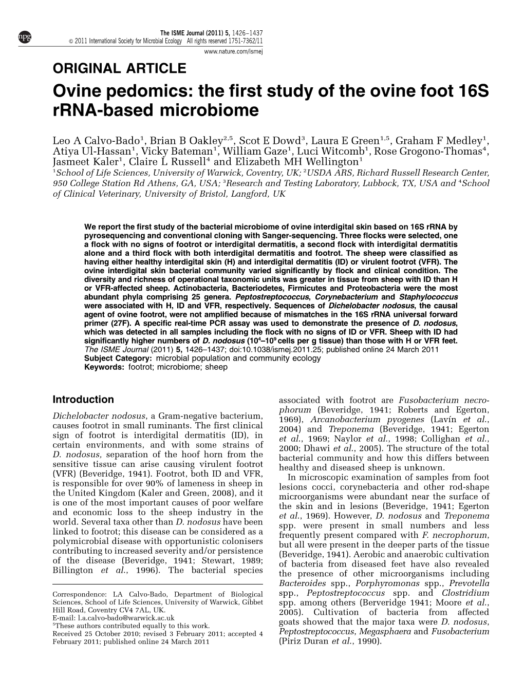 The First Study of the Ovine Foot 16S Rrna-Based Microbiome