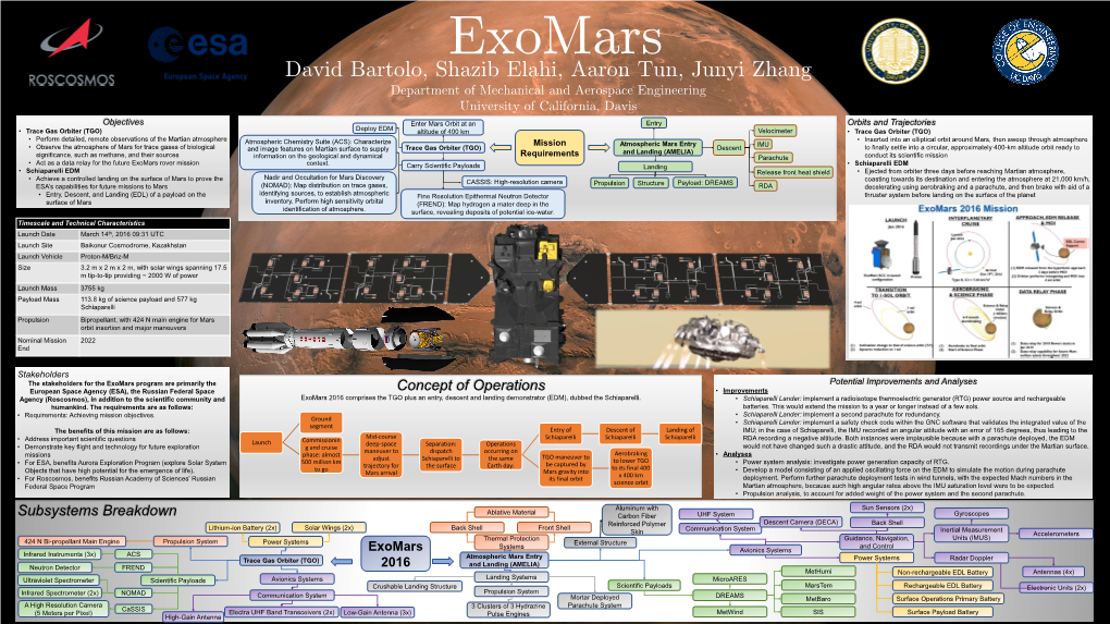 Exomars David Bartolo, Shazib Elahi, Aaron Tun, Junyi Zhang Department of Mechanical and Aerospace Engineering University of California, Davis