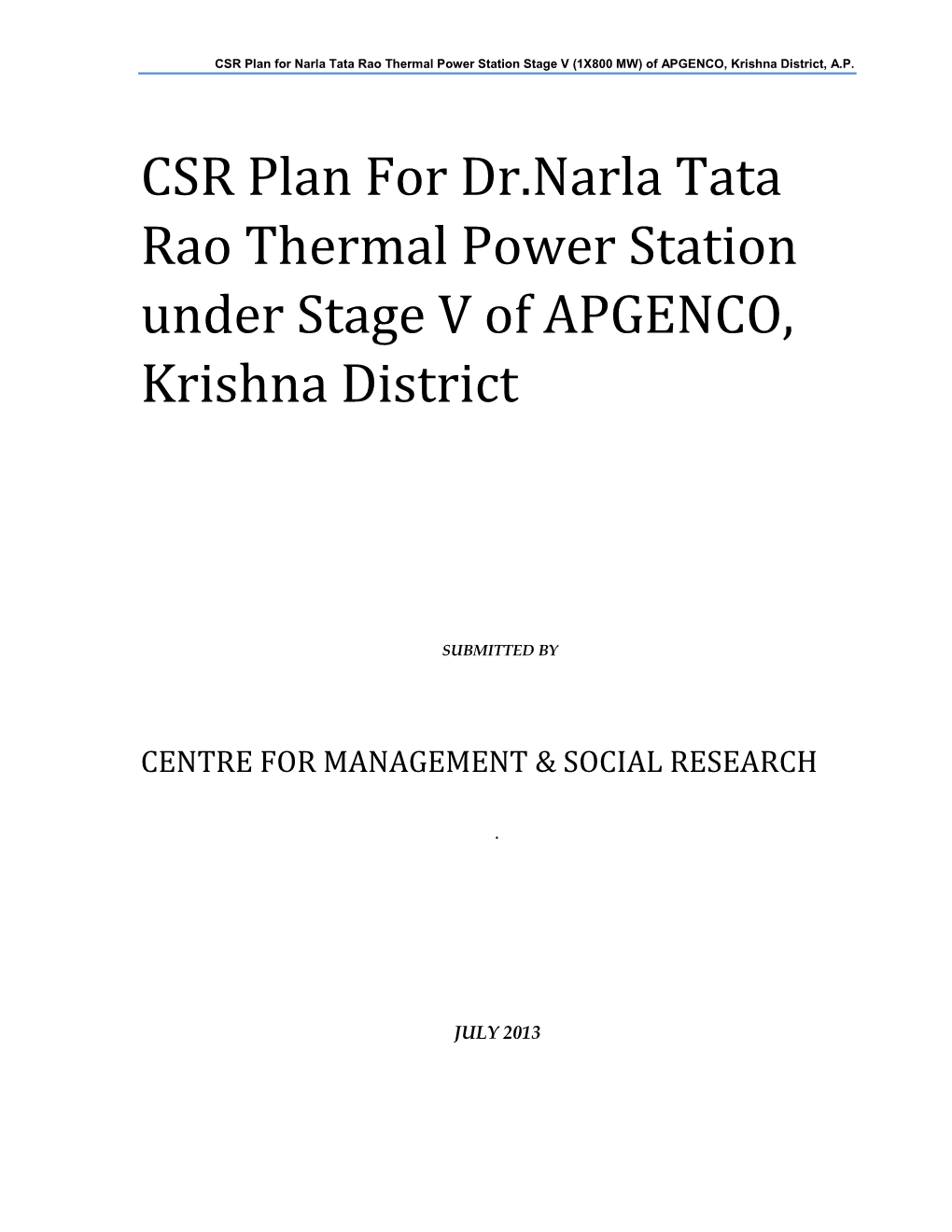 CSR Plan for Dr.Narla Tata Rao Thermal Power Station Under Stage V of APGENCO, Krishna District