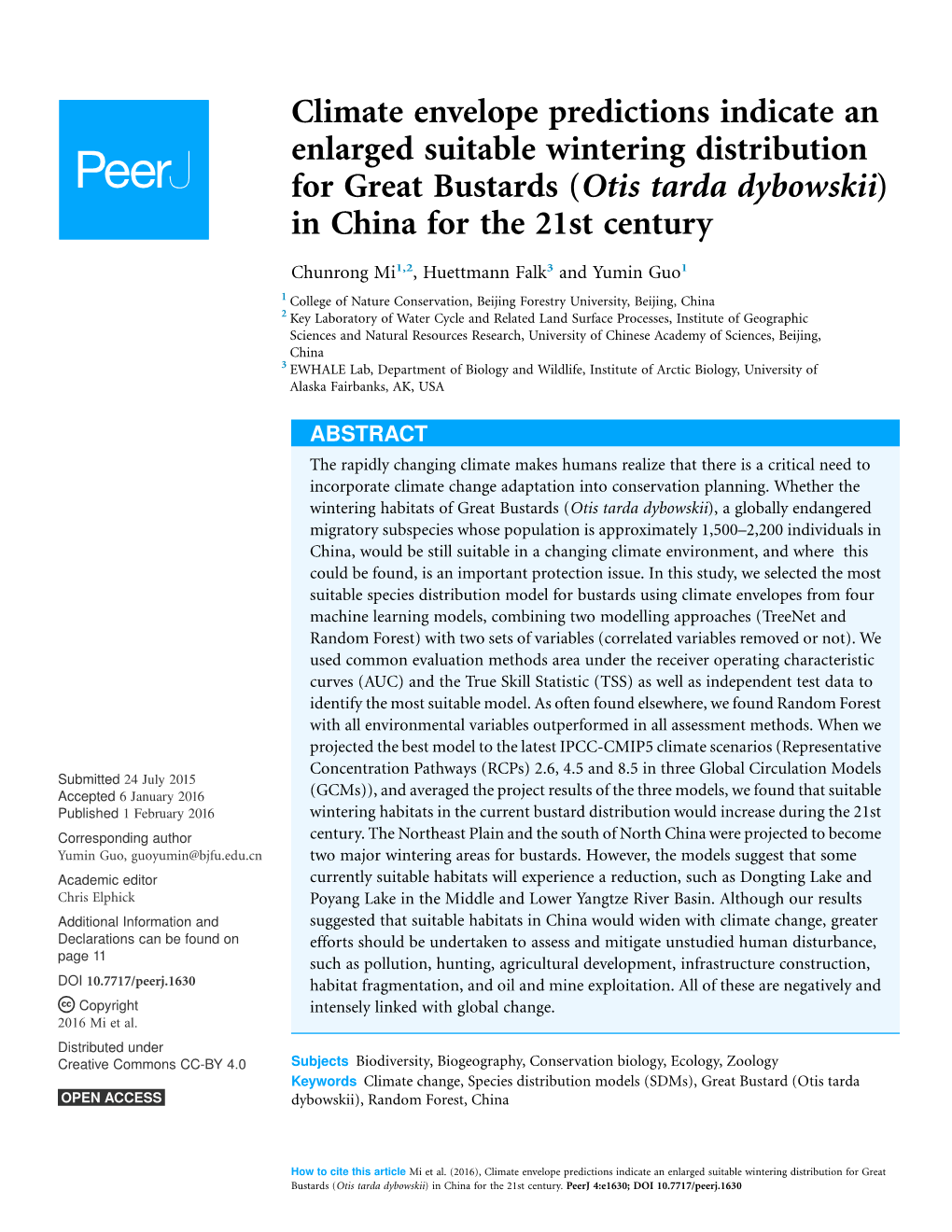 Climate Envelope Predictions Indicate an Enlarged Suitable Wintering Distribution for Great Bustards (Otis Tarda Dybowskii) in China for the 21St Century