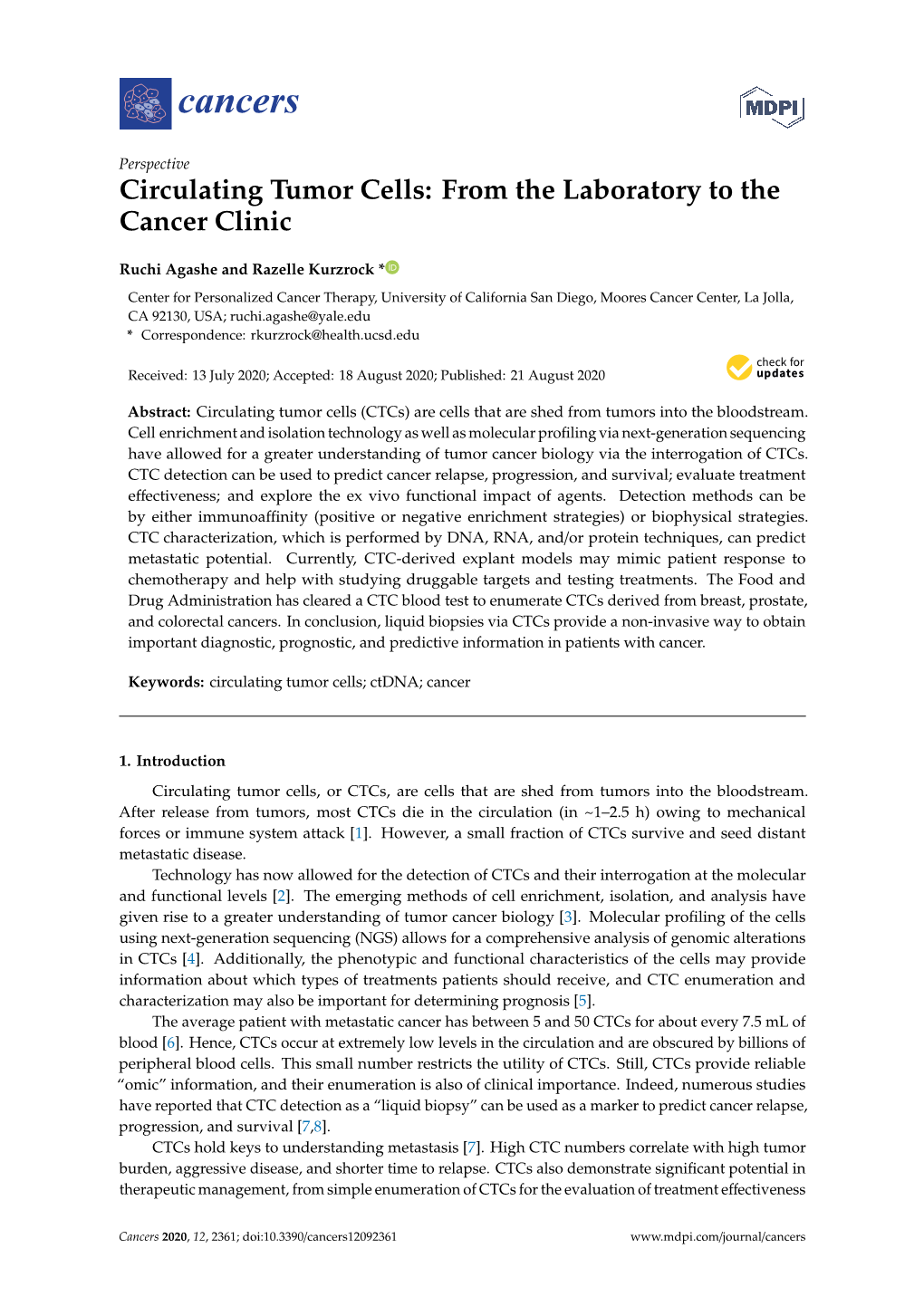 Circulating Tumor Cells: from the Laboratory to the Cancer Clinic