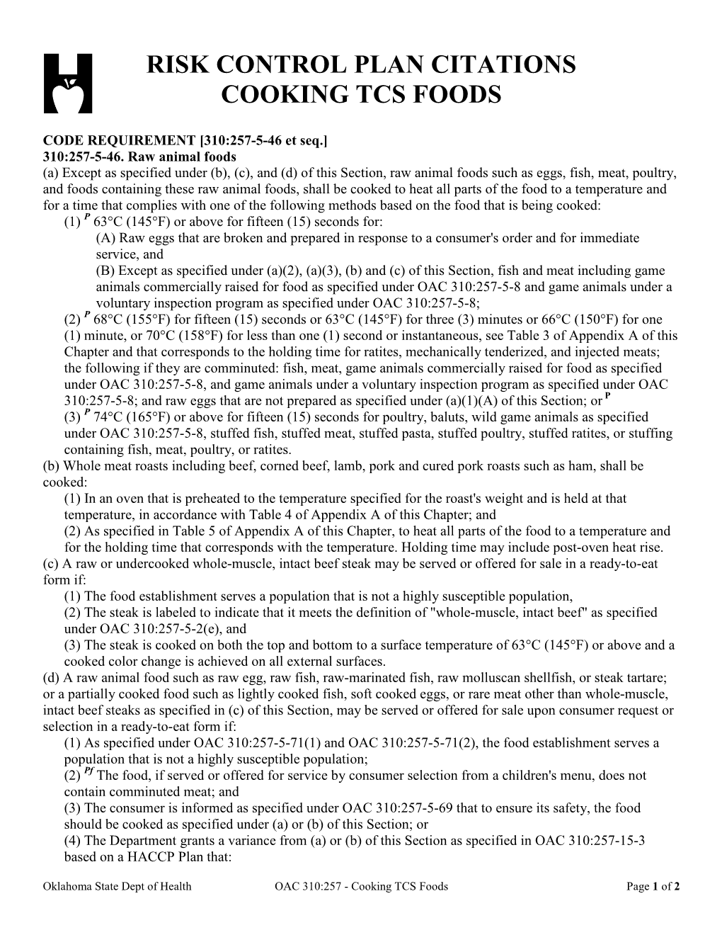 Risk Control Plan Citations Cooking Tcs Foods